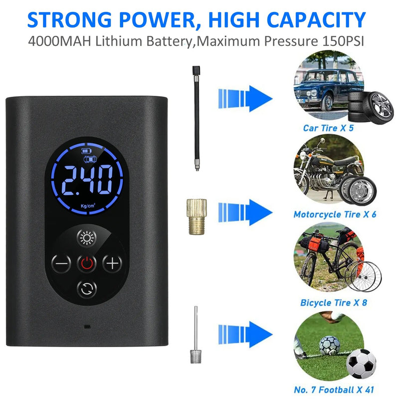 Tire Inflator Air Compressor 150PSI Electric Air Pump with Pressure Gauge LED Light 4000mAh USB Rechargeable for Car Bicycle Bal